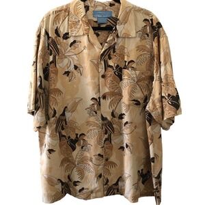 Bermuda Bay 100% Silk Floral Toucan Print Hawaiian Shirt Sz XL Brown Button Up
